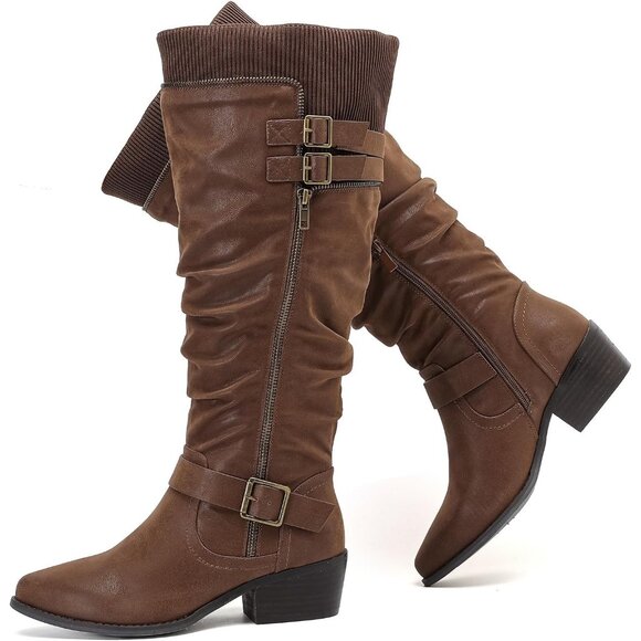 ⚡Women's Brown Extra Wide Calf Knee High Boots Knee High Boots Low Stacked Heel - Picture 1 of 6